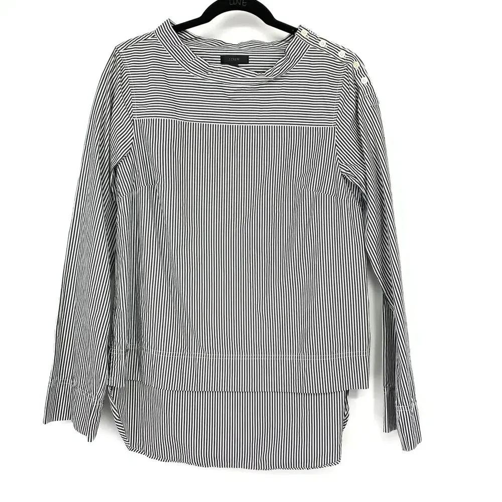 J.Crew Funnel Neck High Low Blouse Womens Sz 8T Black White Striped Long Sleeve